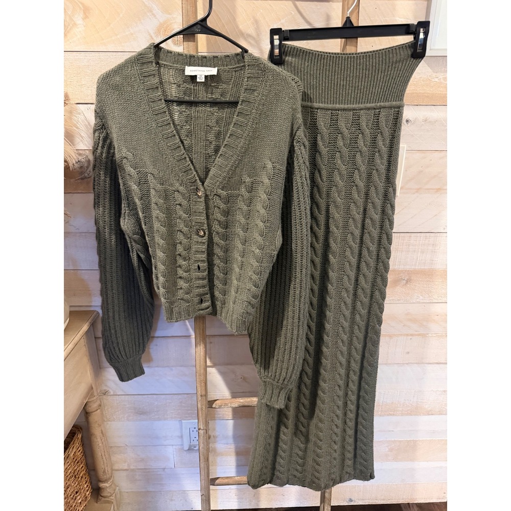 Something Navy Olive Green Cable Knit Sweater Set Cardigan and Midi Skirt XS